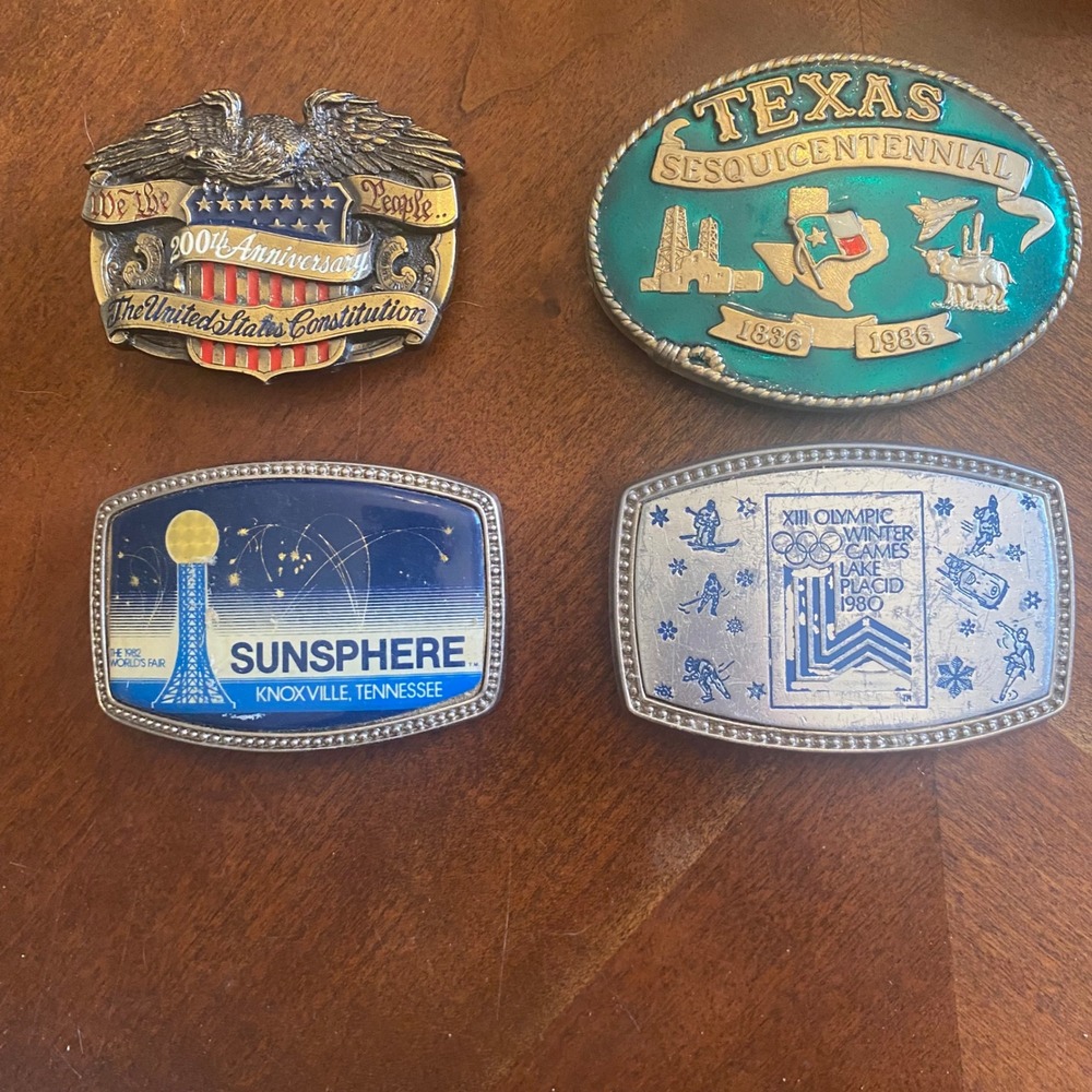 Vintage Belt Buckle Lot 5pc 1980 Olympics 1982 Worlds Fair Texas Constitution